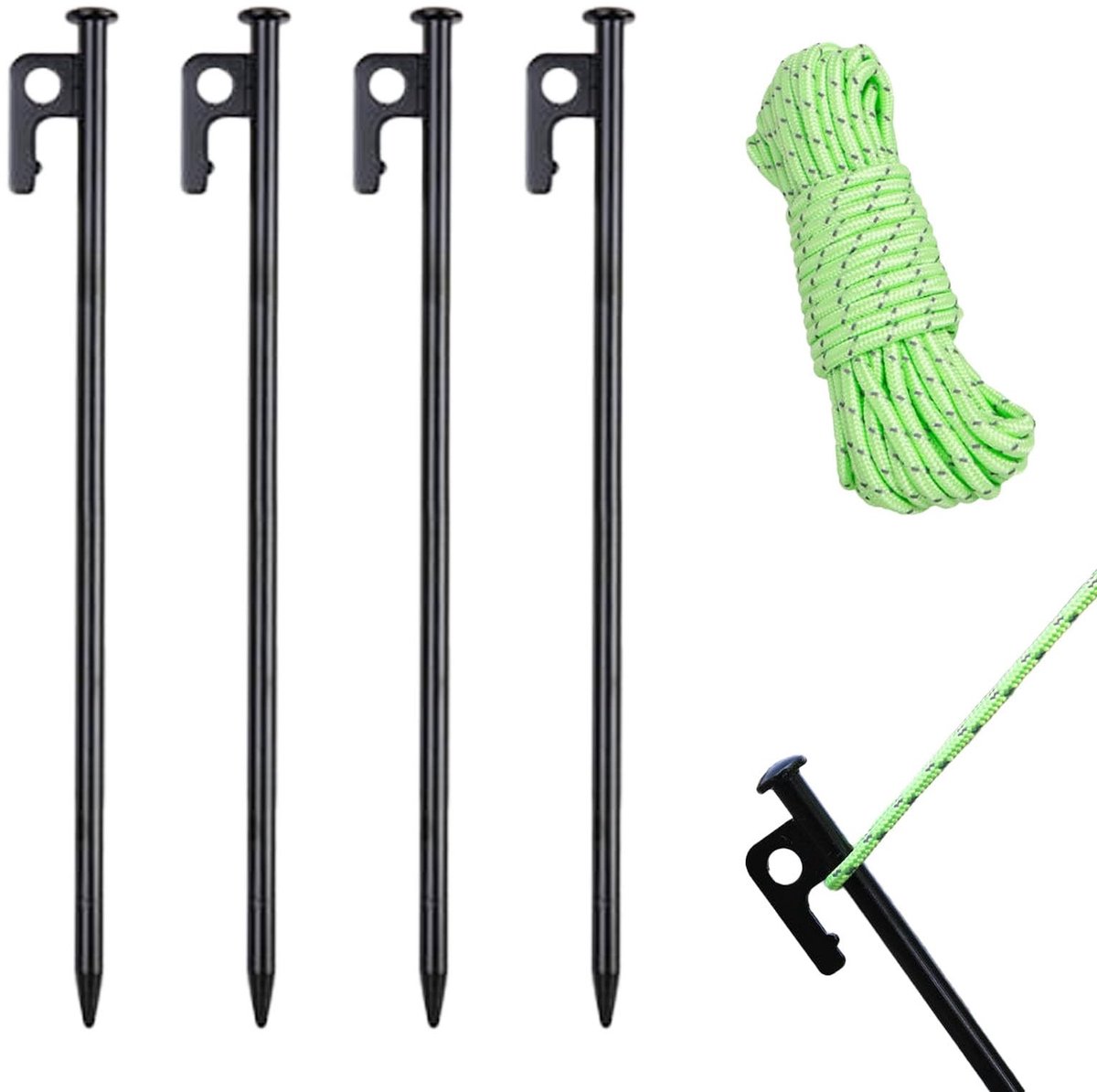 Dailygoods - Set van 4 Stevige Haringen met Lichtgevend Touw voor Camping