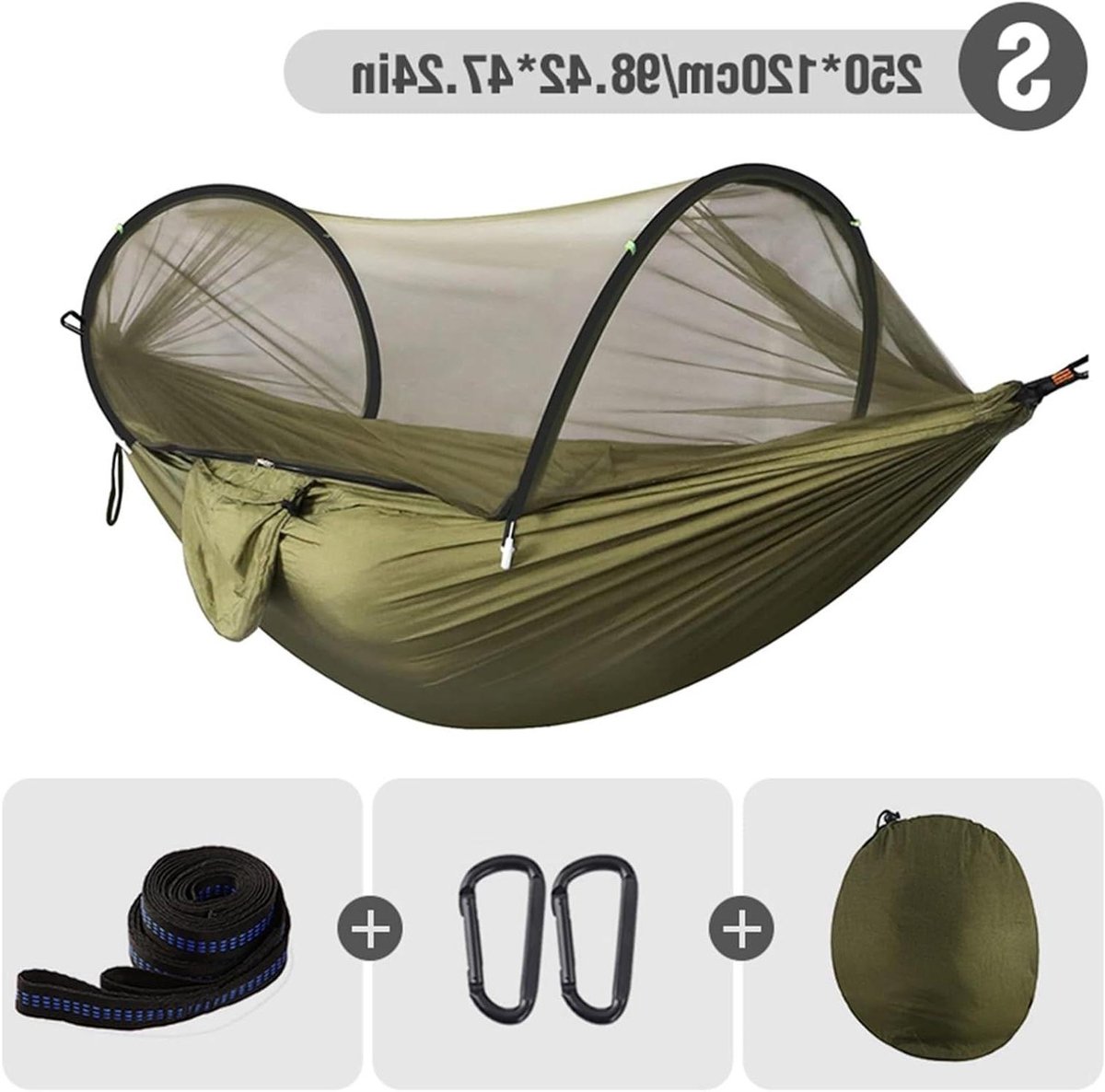 hangmat Campinghangmat met klamboe, snelopenstijl, draagbaar hangend schommelbed for buitenactiviteiten(Army Green S)