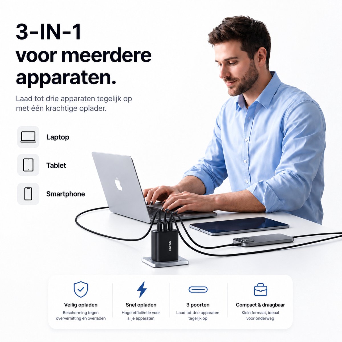 Snellader USB-C 45W - 3 Poorten Snellader - Usb Stekker - Usb Oplader - GaN oplader - 2x USB-C PD - 1x USB-A PD 22.5W - Zwart van Sounix — cadeau in Elektronica - foto 6