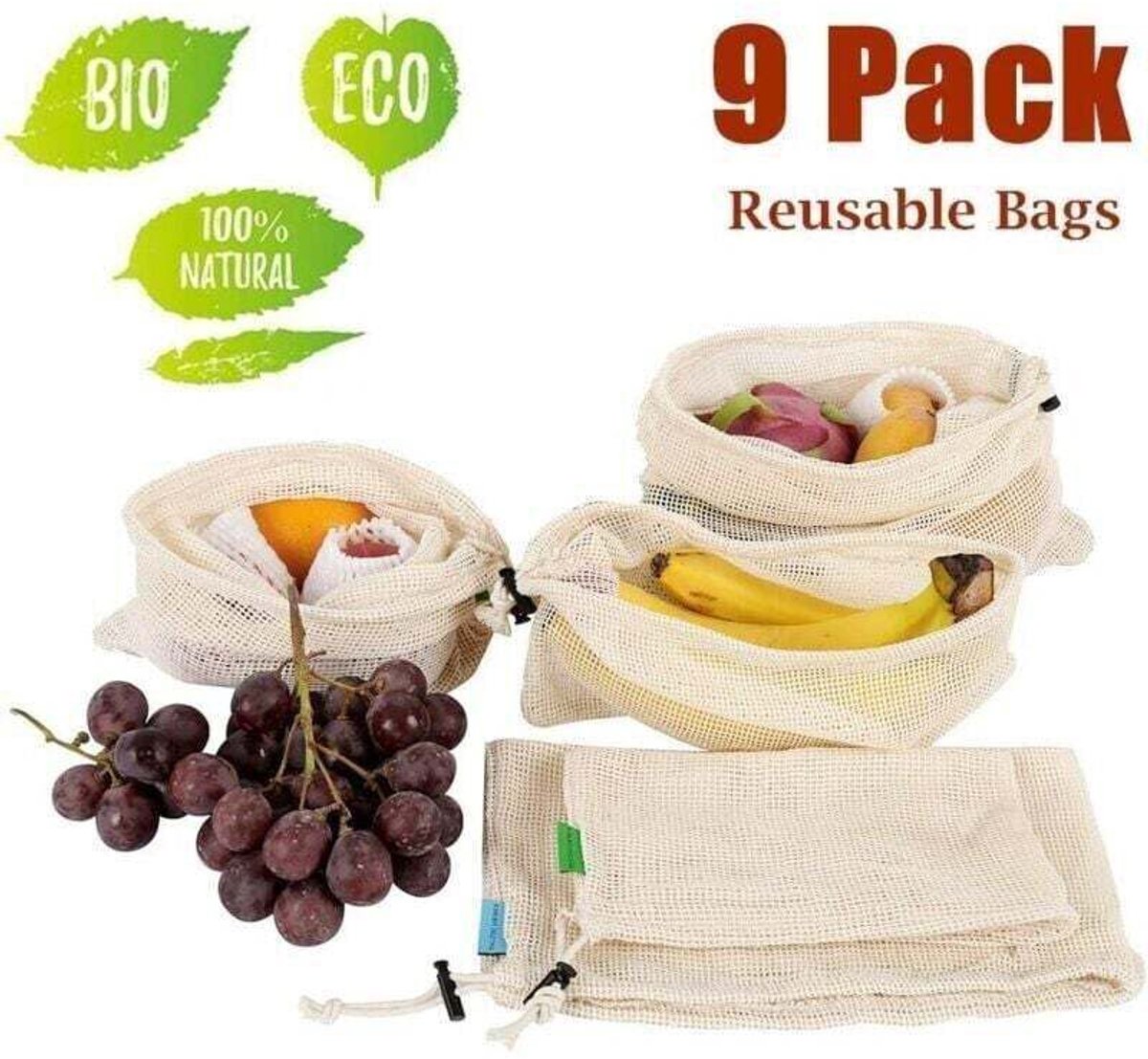 Negen herbruikbare katoenen groentezakken,geschikt voor logo, fruit- en groentezakken,geschikt voor logo, herbruikbare stoffen tassen - (3 grote, 3 middelgrote, 3 kleine) -