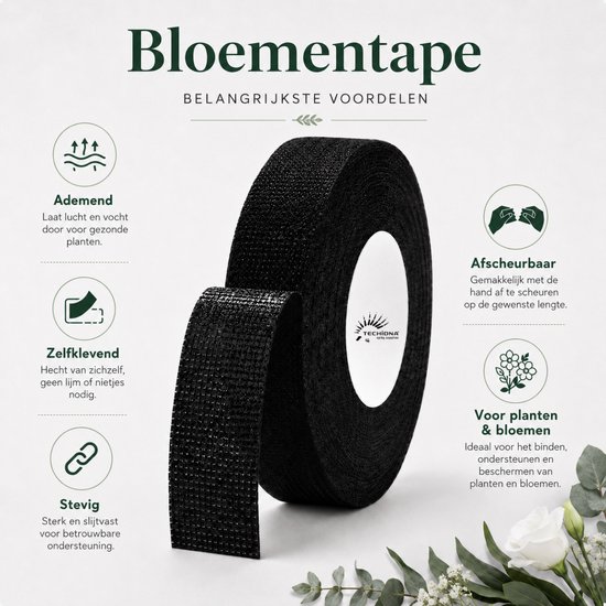 Zwarte bloementape op een rol, met icoontjes die de voordelen illustreren: ademend, zelfklevend, stevig, afscheurbaar, voor planten & bloemen.