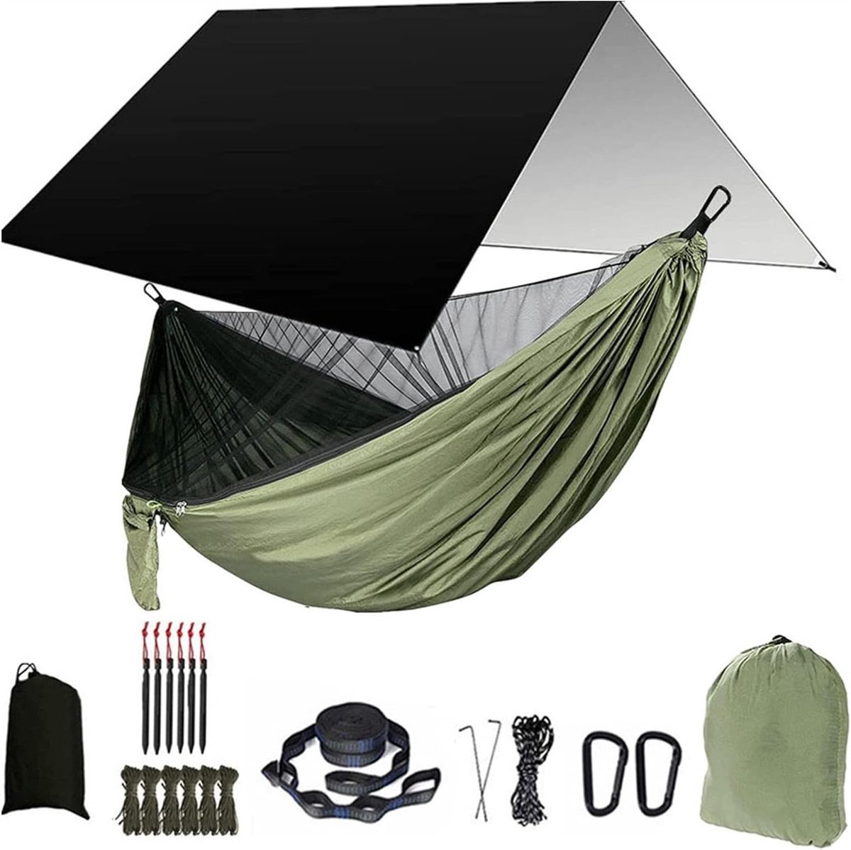 Kampeerhangmat - Outdoor Tent - Ontspannen Buiten - Inclusief Muggennet - 290 x 140 cm - Zwart Legergroen