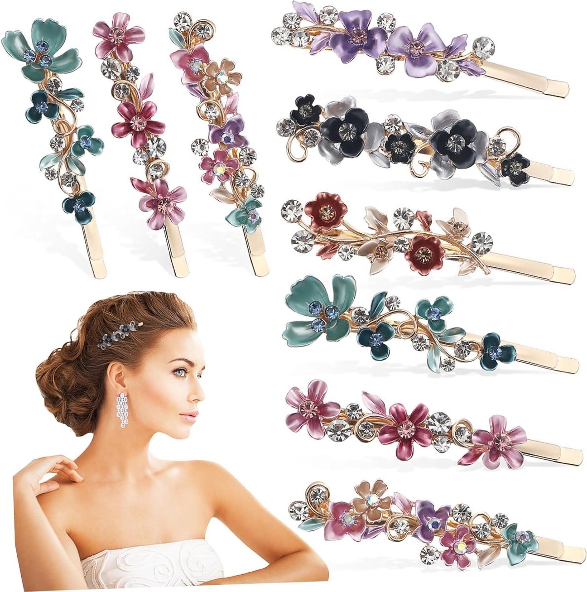 Bloem Haarspeld - Strass Clips - Kapsel Versieren - Degelijk Vakmanschap - 12 Stuks - Multicolor