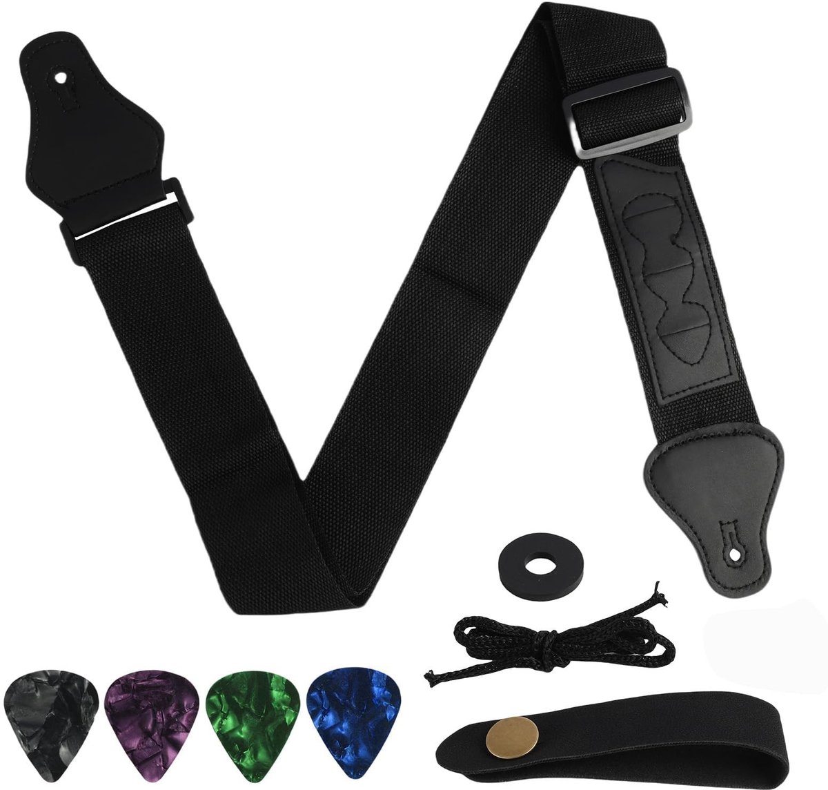 Dailygoods - Verstelbare Gitaarband van Katoen met PU Uiteinden en Plectrums