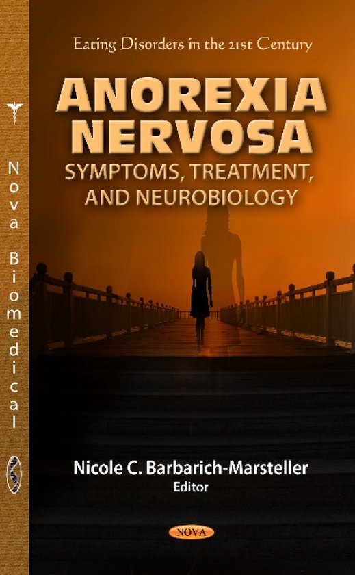 Boekomslag: Anorexia Nervosa, symptomen, behandeling en neurobiologie, met een silhouet op een loopbrug bij zonsondergang.