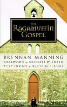 Boekomslag "The Ragamuffin Gospel" van Brennan Manning, met een kerk en een man zittend voor de deur. Bevat "Classic bestseller" en "A spiritual retreat".