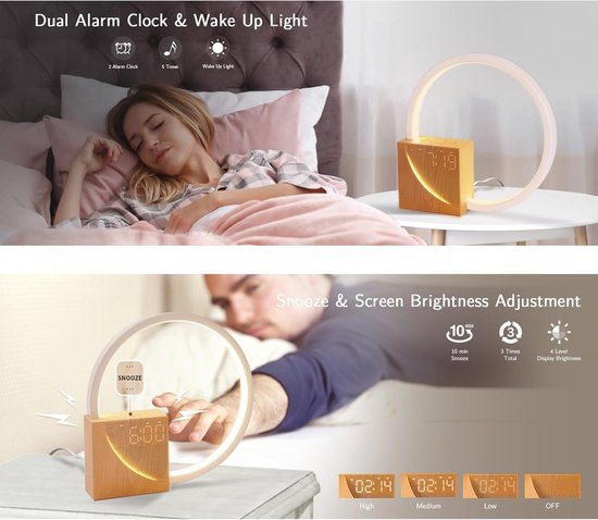 Wekker Zonsopgang - Natuurlijke Alarm - Rustig Ontwaken - Dubbele Alarmen - 10W USB Poort - Houtnerf — afbeelding 5