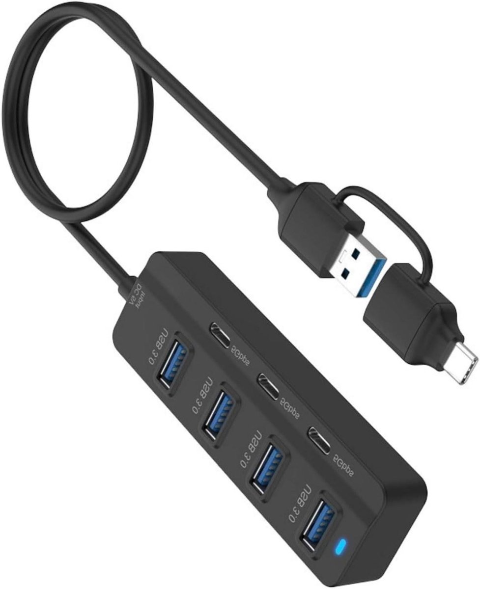 USB Hub - Verlengkabel Poorten - Apparaten Koppelen - Dubbele Stekkers - 7 Poorten - Zwart