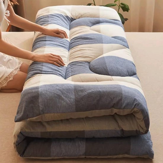 Opvouwbare futonmatras - Japanse slaapmat - Comfortabel slapen - Ademend katoen - 90 x 200 cm - Blauw raster — afbeelding 5