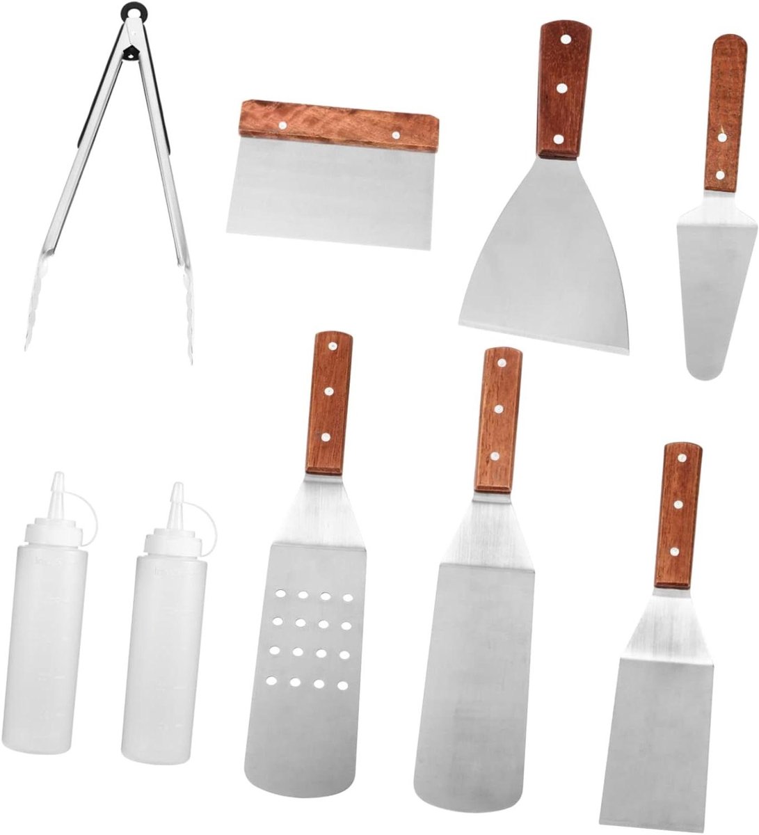 Barbecue Gereedschap Set - Grill Spatels - Buiten Koken - 9 Delig - 21 cm - Houtkleur