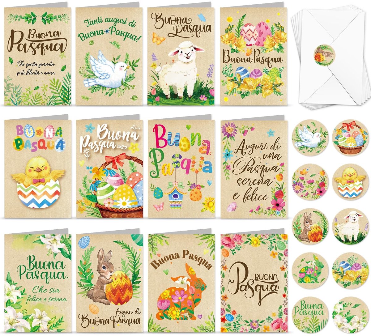 Dailygoods - 12 Italiaanse Paaskaarten van Kraftpapier met Enveloppen en Stickers