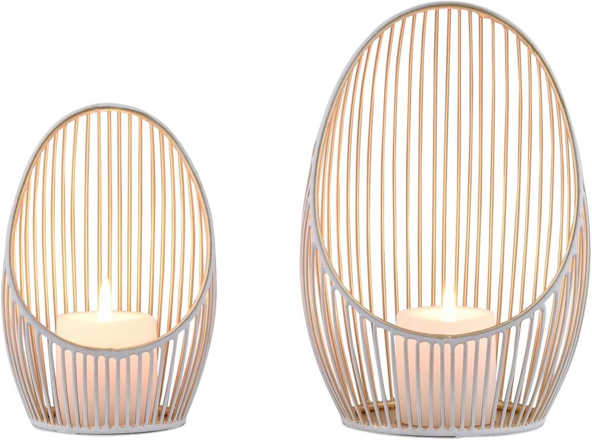 Theelichthouders Kaarsenhouder - Decoratief Object Windlicht - Sfeervolle Decoratie - Scandinavisch Design - 28x19x15cm & 23x16x15cm - Palmis wit