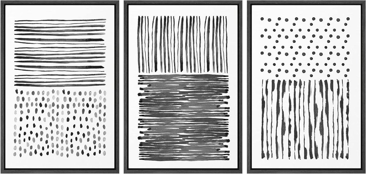 Ingelijste muurkunst set - Canvas prints Wanddecoratie - Woonkamer inrichten - Moderne geometrische vormen - 3x 16"x24" - Zwart en grijs