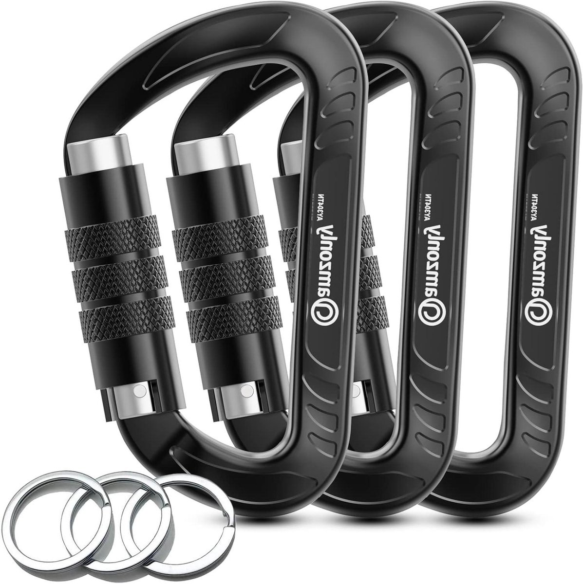 Auto Locking Karabiners - Sleutelhanger Clips - Buitenactiviteiten Bevestigen - 12KN Sterkte - 3 stuks - Zwart