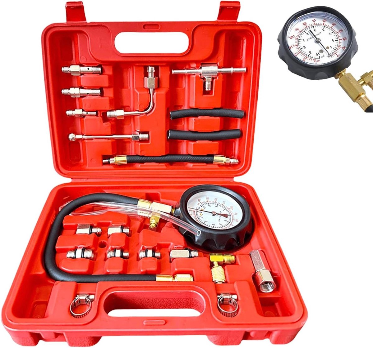 Brandstofdrukmeter Kit - Benzinedrukmeter Tester - Voertuig Diagnose - Tweekleurige Schaal - 0-140 PSI - Rood