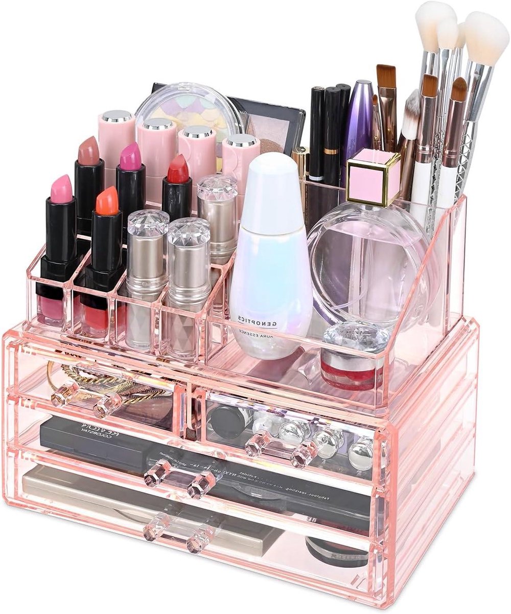 Sieraden en Make-up Organizer - Cosmetica Opbergdoos - Kaptafel Organiseren - Tweedelige Set - 24x14x18 cm - Roze