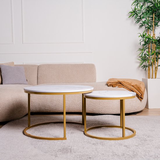 Set de tables basses de Luxe TUUSO® – Aspect marbre Wit avec structure dorée – Tables rondes Ø70 + Ø50 – 2 pièces coulissantes – Design industriel et moderne – Table d'appoint pour salon