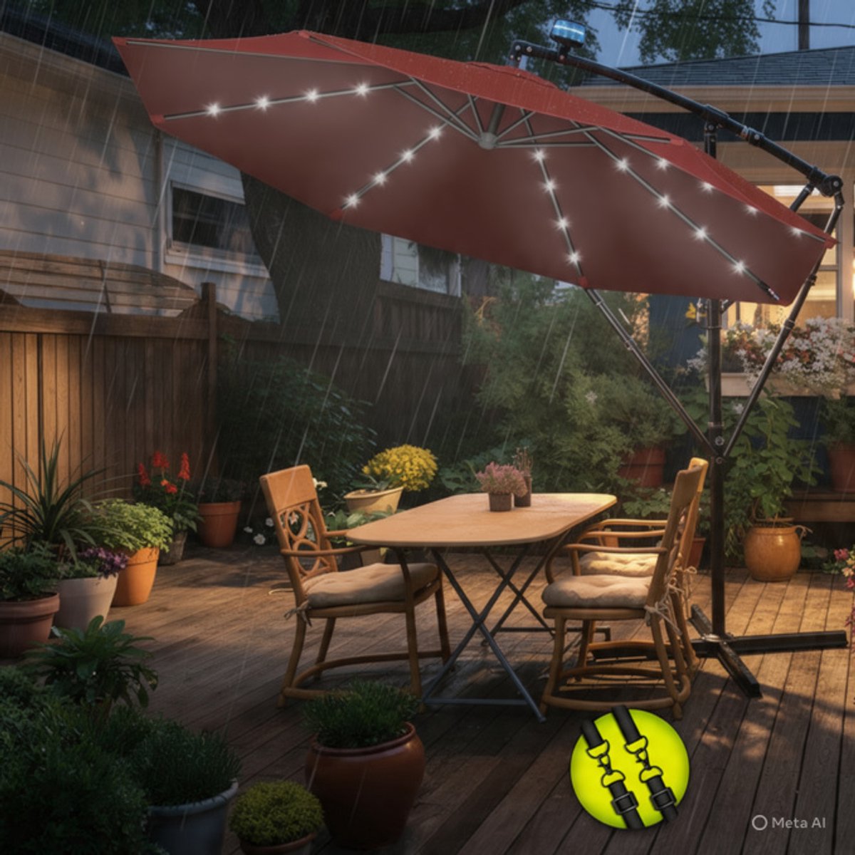 Zweefparasol Ø 300 cm met LED Verlichting & Zonnepaneel – UV50+ Waterafstotend, Kantelbaar, Aluminium Frame, Inclusief Hoes & Standaard – Tuinparasol met Windventilatie – Antraciet – Nicolehome