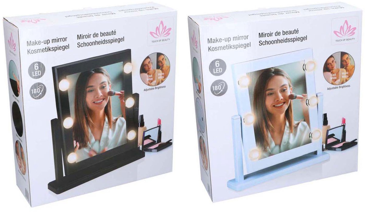 Touch of Beauty Make Up Spiegel - Spiegel met Verlichting - 6 LED Warm of Koud Wit Licht - Spiegel Staand 180 graden Kantelbaar - Make Up Spiegel met LED verlichting - Wit of Zwart Willekeurig