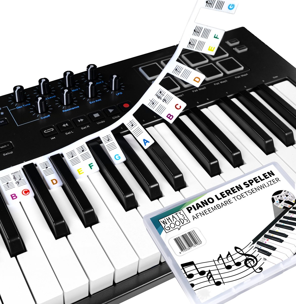 What's Goods - Afneembare siliconen piano toetsenwijzer - Piano (muzieknoten) leren spelen - 88 toetsen - Piano stickers - Wit met kleuren