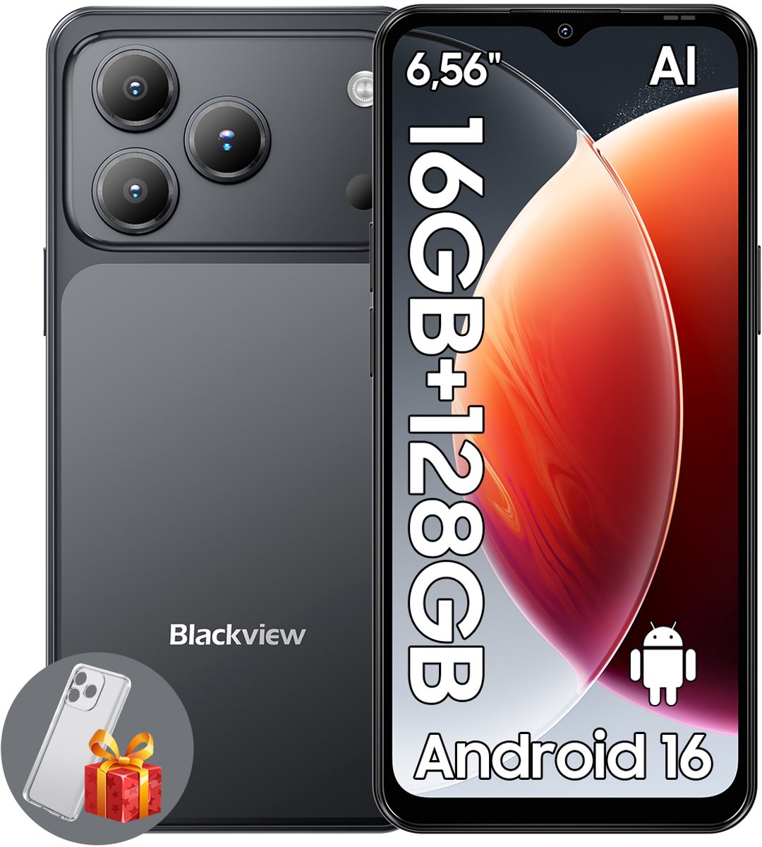 Blackview WAVE 7C Smartphone 4G AI - DUAL SIM - 16GB RAM - 128GB ROM - Android 16 Telefoon - 6,56 inch - 5000mAh - GPS - Zwart