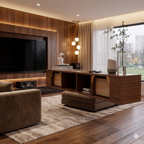 Bruin, zwevend TV meubel met houten lambrisering, een grote flatscreen TV en een moderne lamp.