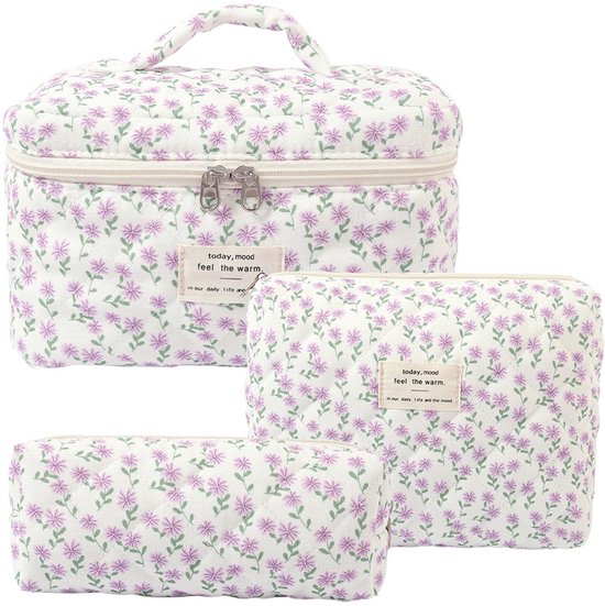Set van 3 Make-up Tasjes Gewatteerd Bloemen Katoen – Grote Capaciteit Esthetische Cosmetische Tas & Toilettas voor Vrouwen – Reistas Organizer met Ritssluiting -Paarse pauw, 3-delige set [Groot + Medium + Klein]
