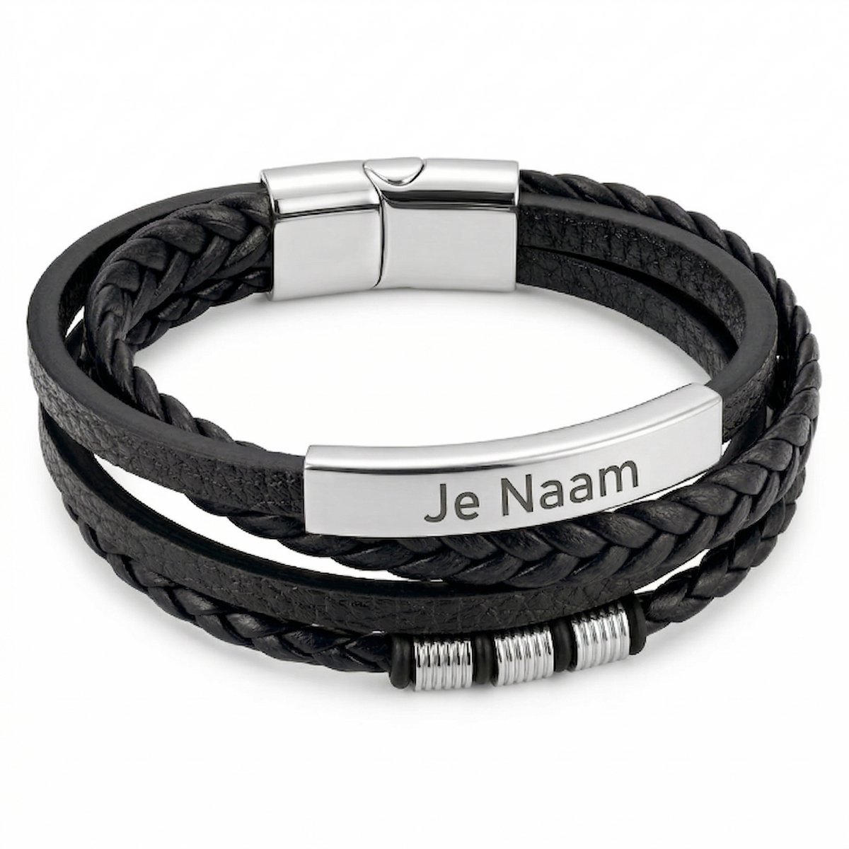 Armband met graveer, Armband met naam, Gepersonaliseerde zwarte layered armband met naamgravure - urban design, Armband met naamplaatje ,graveerarmband