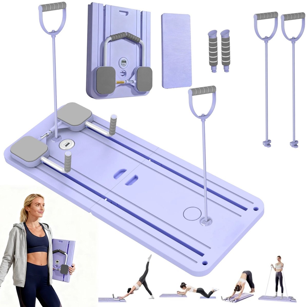 Zolara Multifunctioneel Fitness Push-up Board - Pilates - Pilatesplank - Fitnessplank - Buikspiertrainer met Weerstandsbanden & Automatische Terugvering - Core, Armen & Benen Training - Paars - Lila