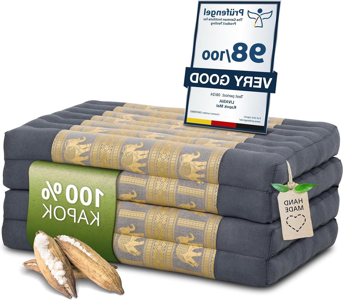 Klapmatras Kapok - Gastenmatras Plooibaar - Veelzijdig Gebruik - Natuurlijk Gevuld - 200x80x8cm - Grijs Olifant
