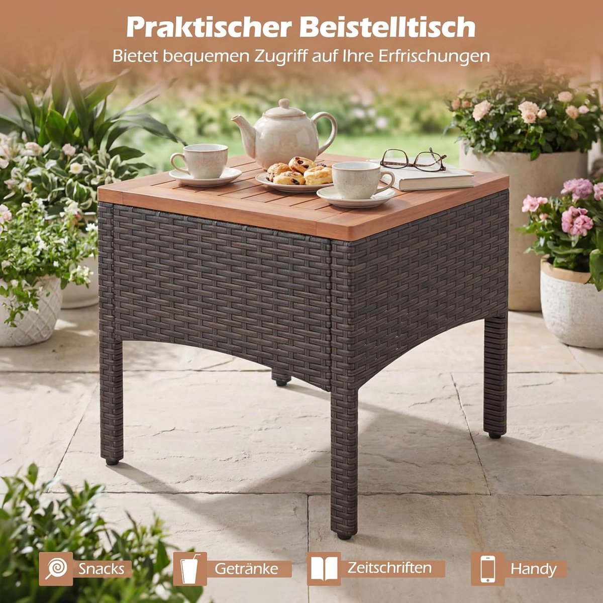 Tuinmeubelset 5-delig 64 x 60,5 x 74 cm – Luxe PE Rotan Loungeset met Acaciahout, Inclusief Kussens & 3-in-1 Voetenbanken – Crème Wit – Nicolehome
