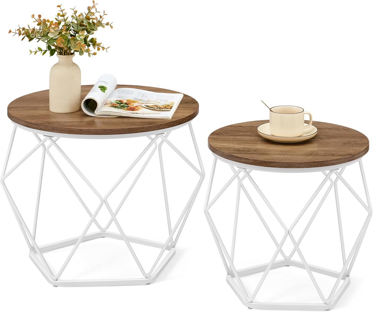 Salontafel set van 2 rond 50/40 cm – Moderne bijzettafel met afneembaar blad marmer wit en zwart staal – Compacte woonkamertafel voor kleine ruimtes – Urbanhome