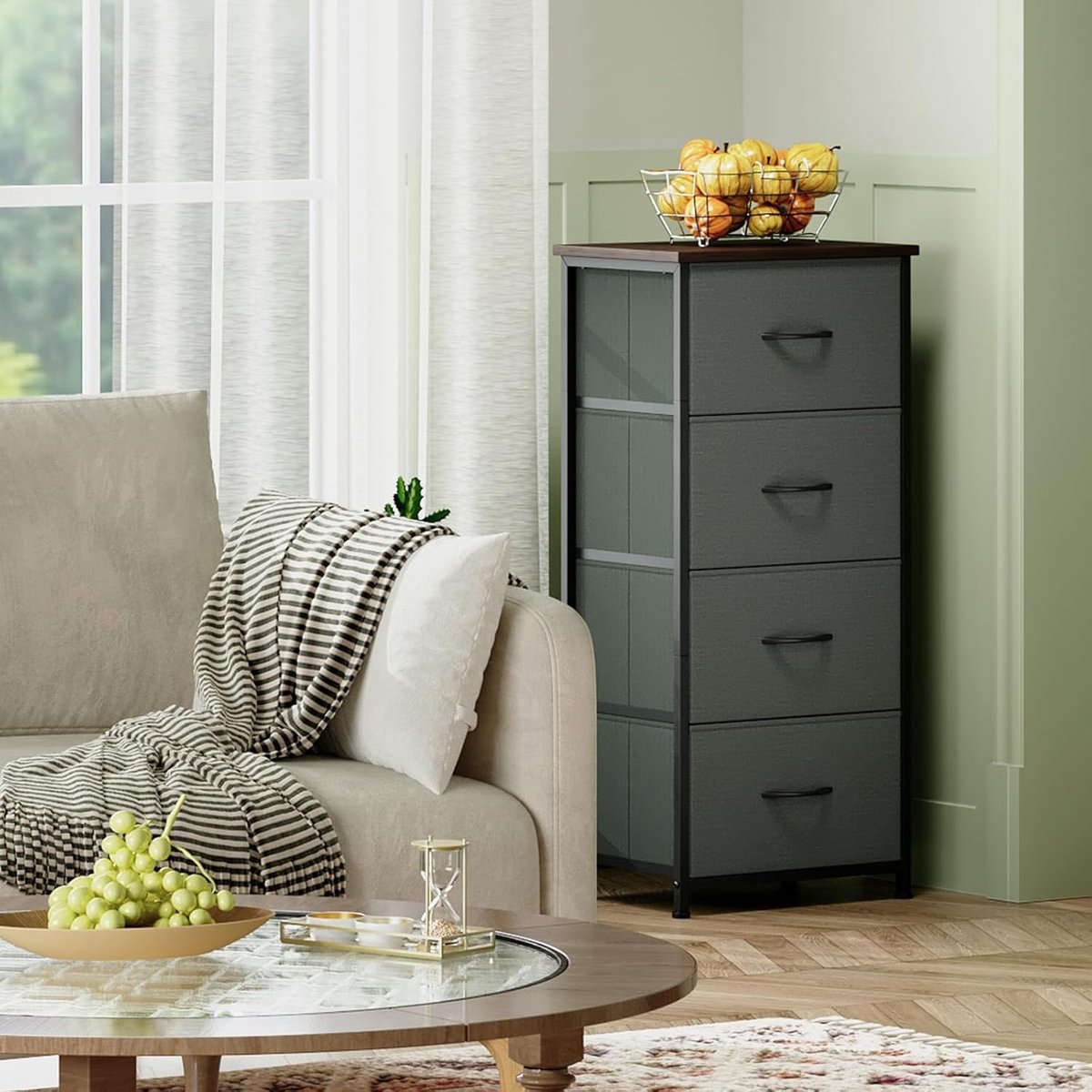 Commode met 4 Laden 30x42x93 cm – Smalle Stoffen Ladekast Opbergkast voor Slaapkamer, Woonkamer en Hal – Compacte Organizer met Metalen Frame en Houten Blad koolgrijis – Urbanhome