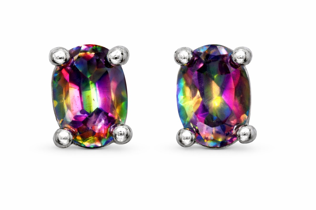 925 Zilveren Oorknopjes met Mystic Topaas - Multicolor Oorbellen Dames - Rhodium Plated