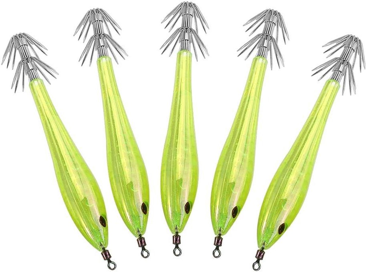 Vis Lokaas Set - Inktvis Lokaas - Vissen Vangen - Dubbele Laag Split Haken - 9.5 cm - Geel