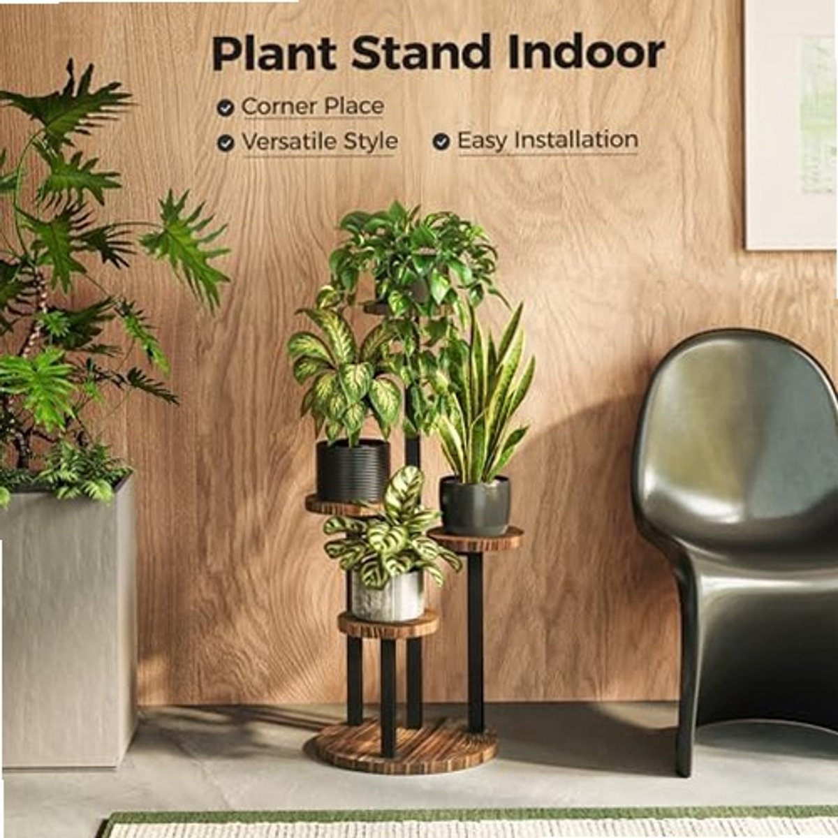 Sierra, Plantenstandaard voor hoek, houten plantenrek voor binnen, kleine houder voor bloemen, buiten, metaal, gelaagde plantentafel voor raam, balkon, woonkamer, tuinieren (4 niveaus)
