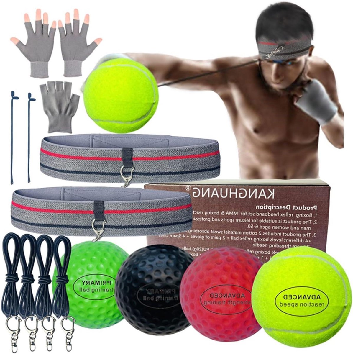 Boksen Reflexbal Hoofdband - Reactietraining Bal - Verbeteren Reactiesnelheid - Vier Verschillende Niveaus - 20-85g Ballen - Zwart