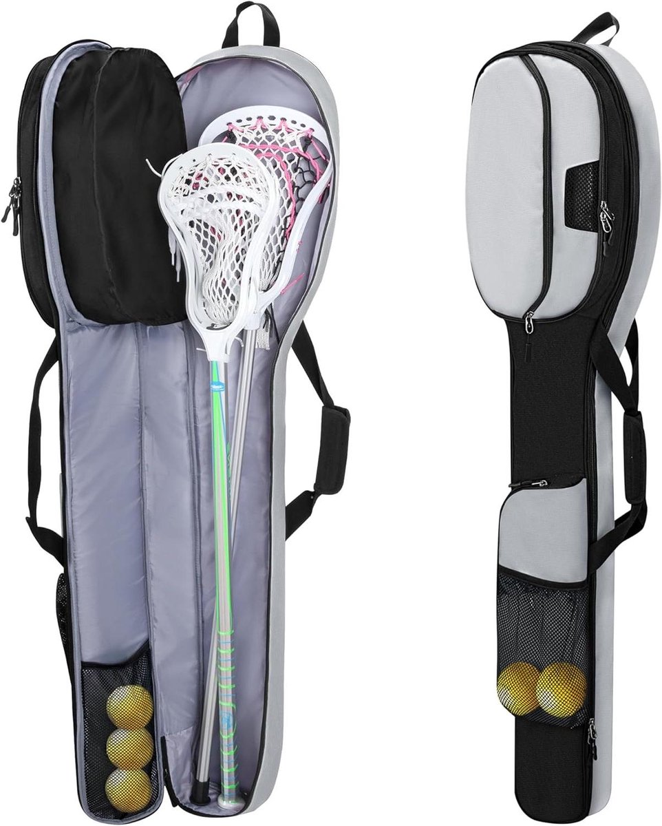 Lacrosse Stick Tas - Lax Uitrustingstas - Sportuitrusting Opbergen - Apart Schoenenvak - 10x2.8x46 inch - Zwart en Grijs