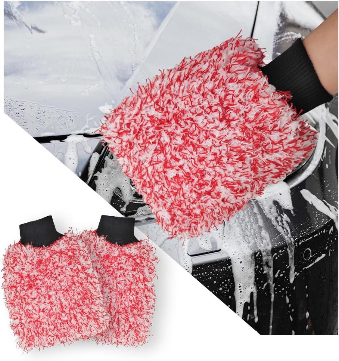 Washandschoen Microvezel - Zachte Poetsklas - Auto Reinigen - Krasvrij Pluche - 2 Stuks - Rood