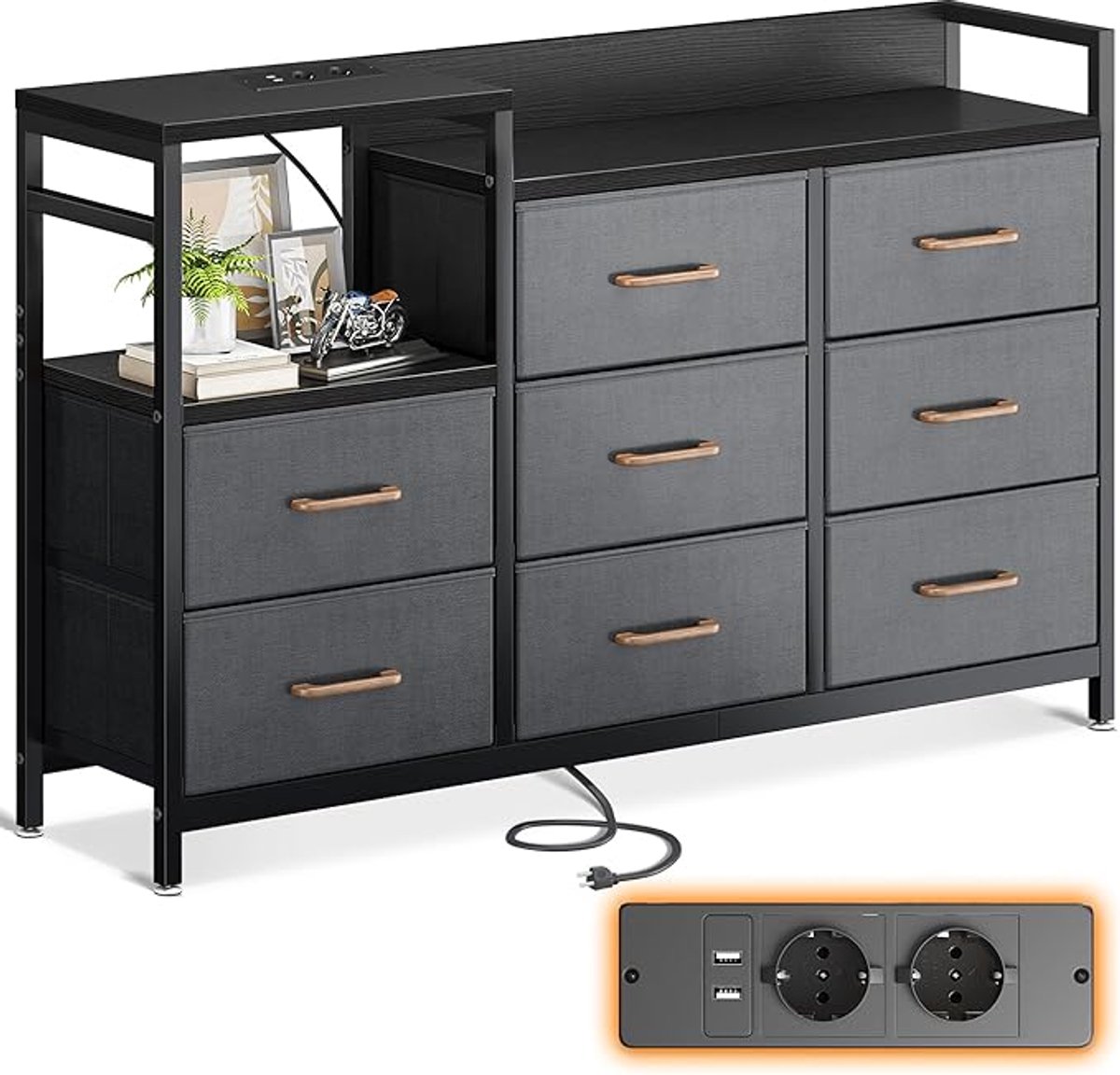 Commode met 8 Laden en - 132x30x88 cm - Zwart - USB & Stopcontacten 132x30x88 cm - Medahomestore