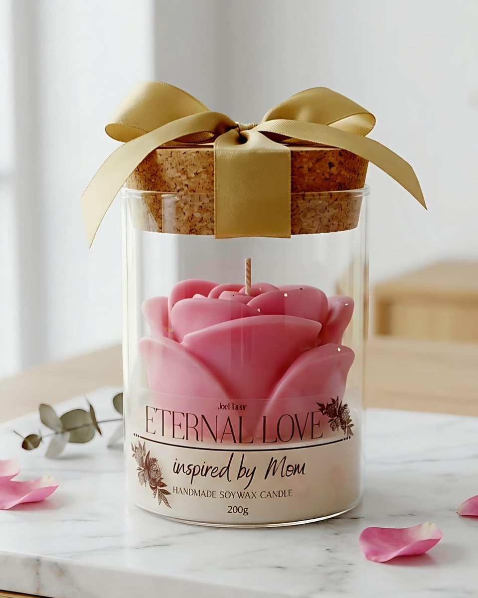 Moederdag Geurkaars 200g – Vanille & Jasmijn – Sojawas – Luxe Rozen Kaars in Glas met Kurkdeksel en Strik – Cadeau voor Mama / Moederdag Cadeau