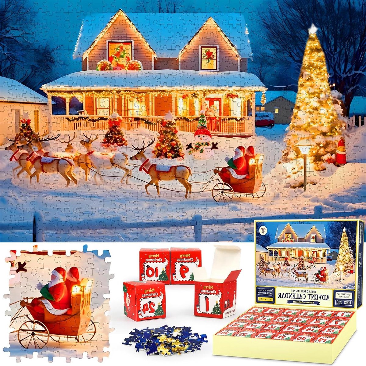 Advent Kalender Puzzel - Kerst Puzzel - Aftellen Kerst - 24 Genummerde Boxen - 1008 Stukjes - Multicolour