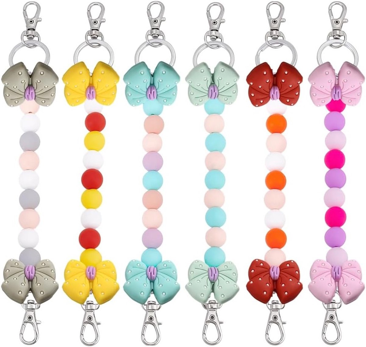 6 Stuks Muizenoortjes Sleutelhanger met Strik, Siliconen Kralen Sleutelhanger, 8.5 Inch Lanyard Accessoires voor Hoofdband Display en Decoratie