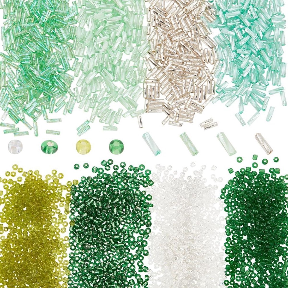 4320 Stuks Glazen Zaadparels en 1200 Stuks Lange Tube Beads voor DIY Armbanden, Groene en Gedraaide Beads
