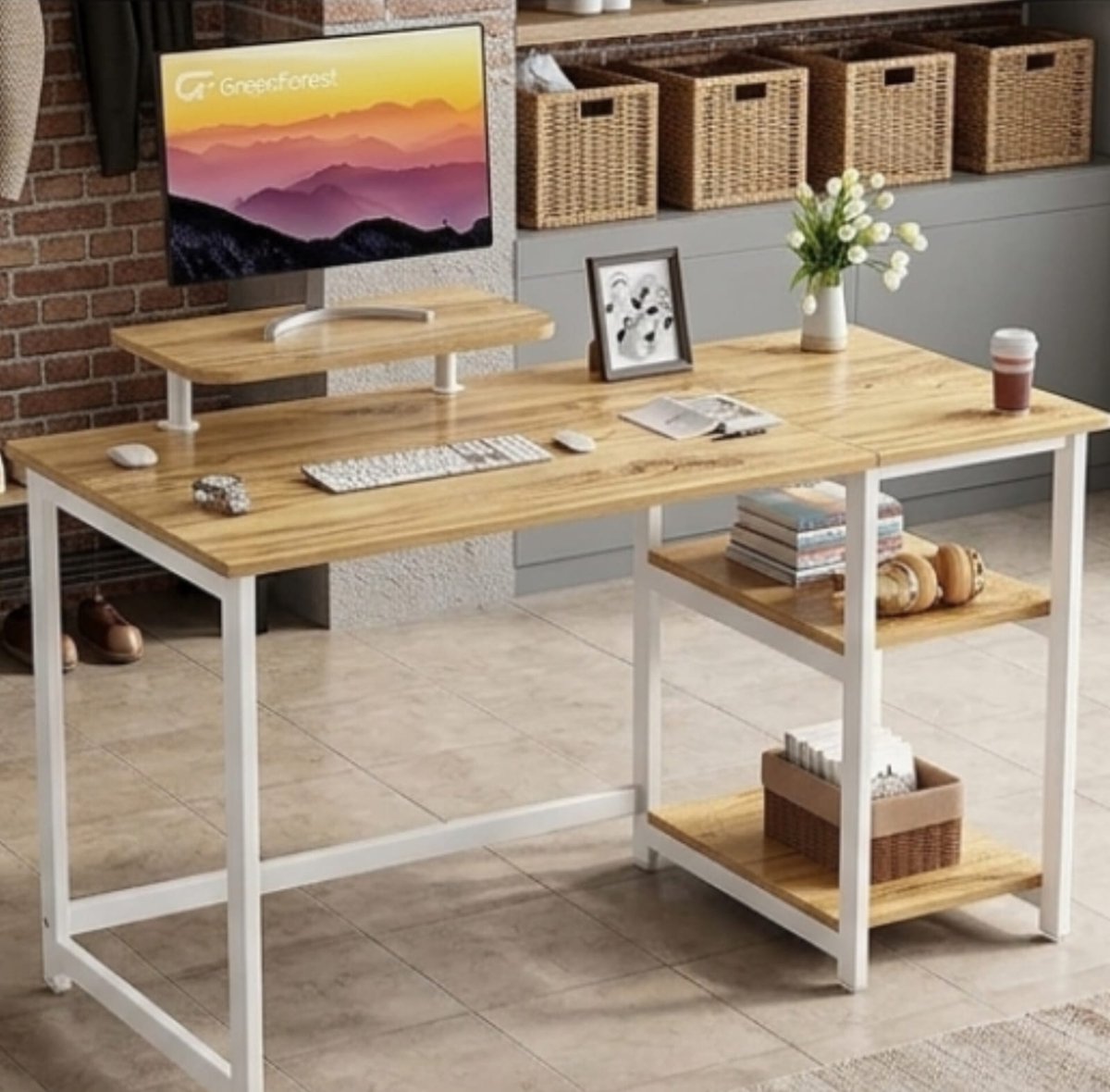 Bureau 120x50x75 cm met Monitorstandaard en Opbergruimte – Computer Bureau / Thuiskantoor Bureau – Modern Rechthoekig Werkbureau – Beige – Urbanhome