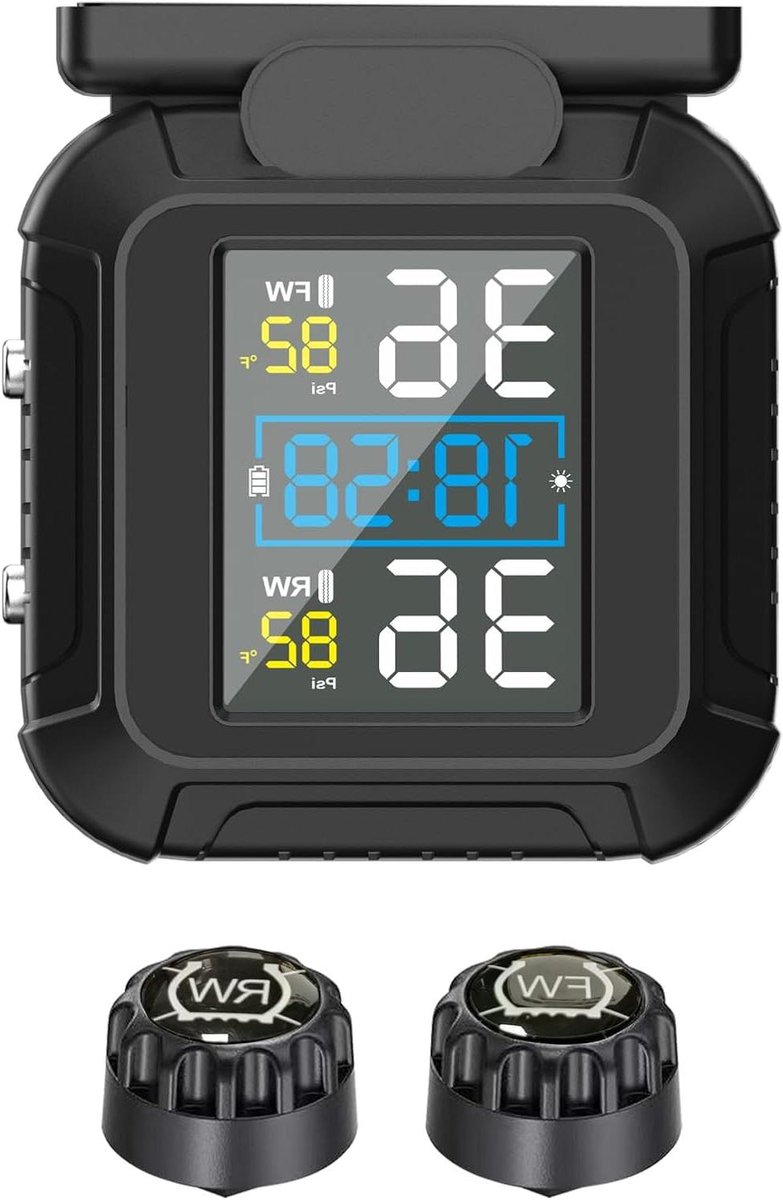 Banden Druk Monitor - TPMS Sensor - Motorfiets Veiligheid - Zonne-energie Laden - 2 Externe Sensoren - Zwart