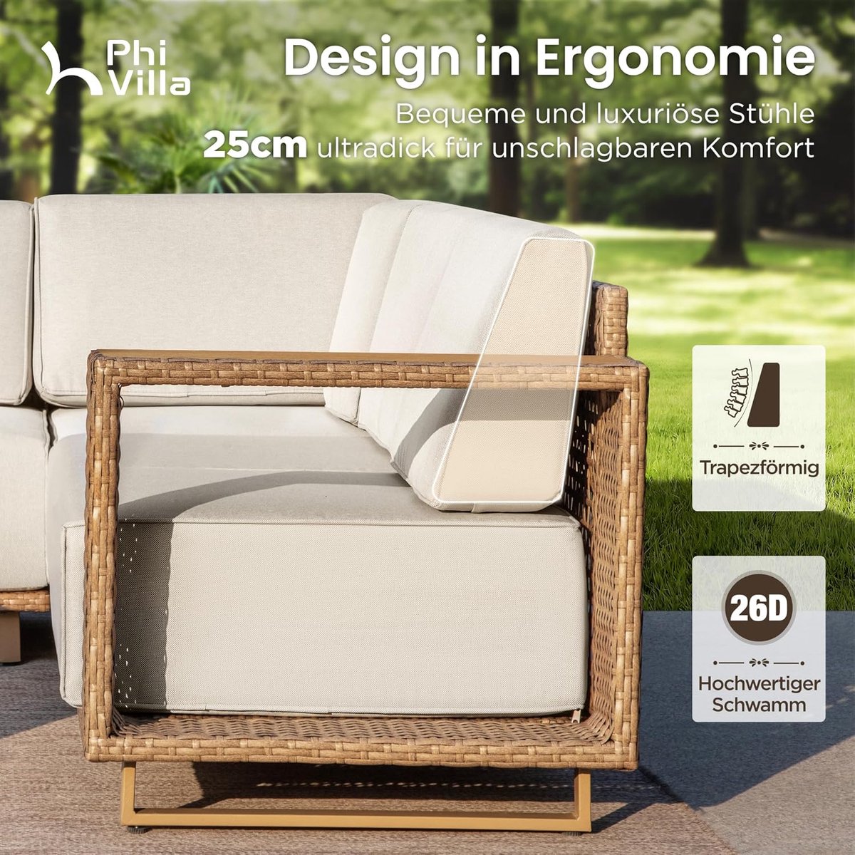 Tuinmeubelset Rotan Loungebank 6 Personen 269 x 206 x 67 cm – Modulaire Hoekbank met Dikke Kussens, Weerbestendig en Luxe Terrasset Beige – Nicolehome