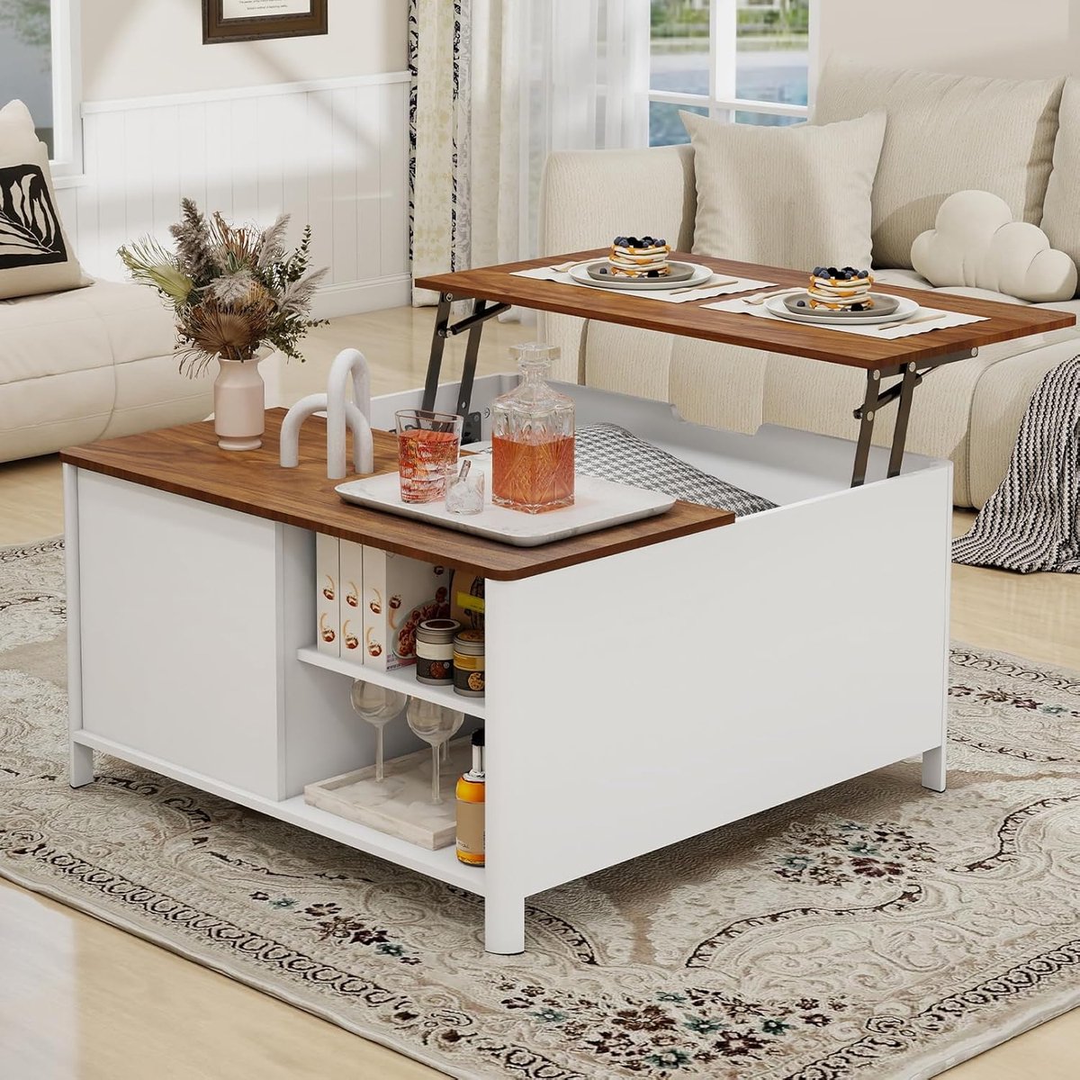 Salontafel in hoogte verstelbaar met opklapbaar tafelblad 80x80x43-57 cm vierkante woonkamertafel met opbergruimte verborgen vak kast en planken moderne multifunctionele bijzettafel wit Urbanhome