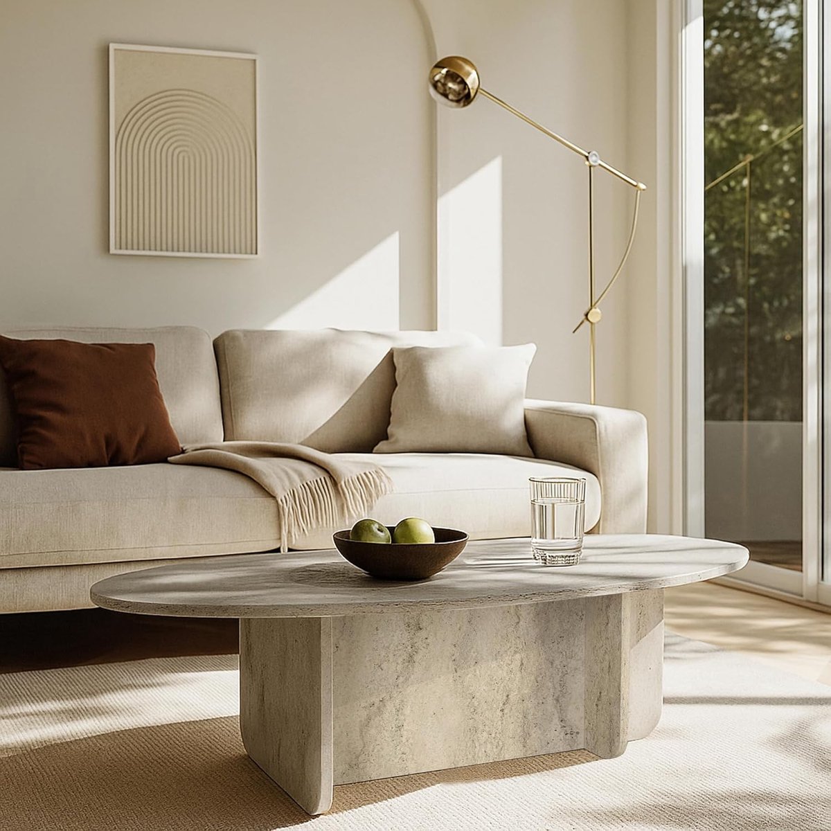 Salontafel ovaal 120x60x40 cm moderne woonkamertafel met geometrisch frame steenlook koffietafel bijzettafel minimalistisch design beige zwart Urbanhome