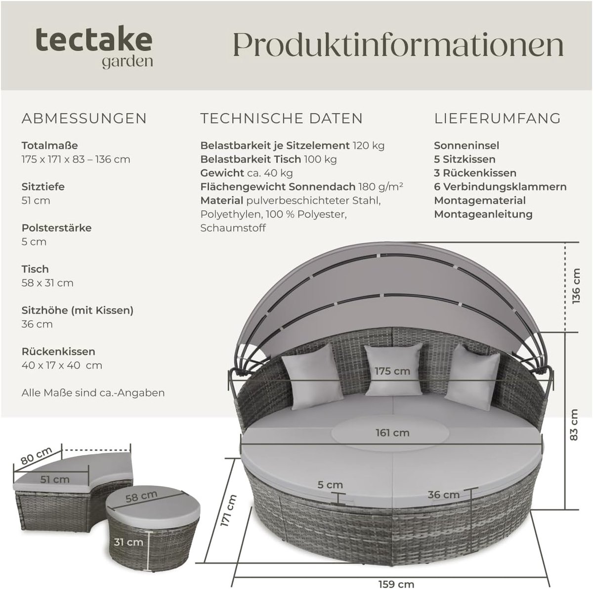 Zonne-eiland 180 cm – Luxe Rotan Sun Island Lounge met LED Verlichting & Zonnepaneel – Weerbestendig Polyrotan Tuin Loungeset met Dekzeil en Kussens – 180 cm Tuin Ligbed voor 2-3 Personen – Grijs – abtkantoor